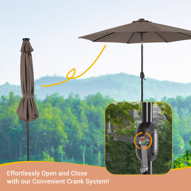 Parasol de marché avec lumières solaires, parasol de table pour la terrasse, H 7,81 pi x l 9 pi x P 9 pi, Bleu lac
