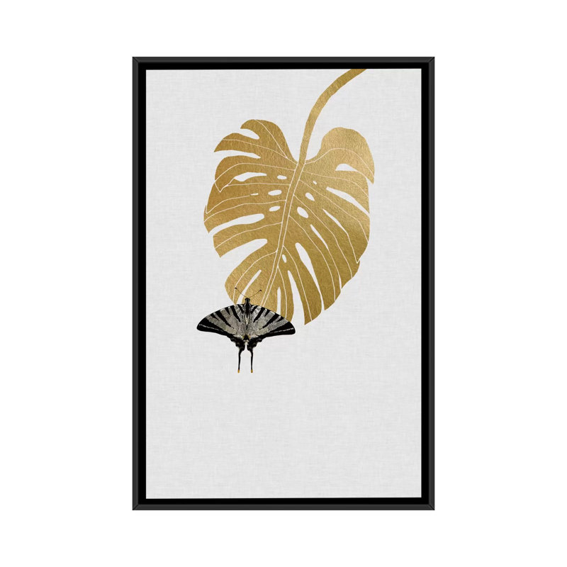 «Butterfly & Monstera» par Orara Studio, reproduction sur toile, H 26 po x l 18 po x P 1,5 po, Toile avec cadre noir