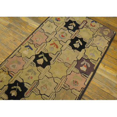 Antique American Hooked Rug Small Scatter Size Wool & Cotton Yellow