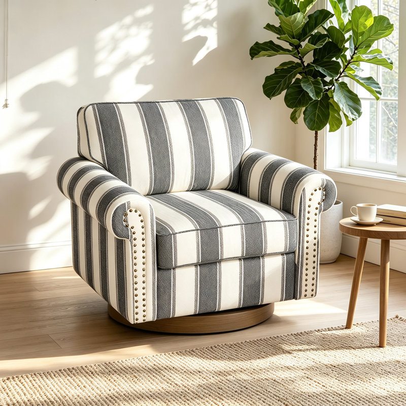 Fauteuil pivotant rembourré avec accoudoirs roulés et garniture cloutée, Rayures noires