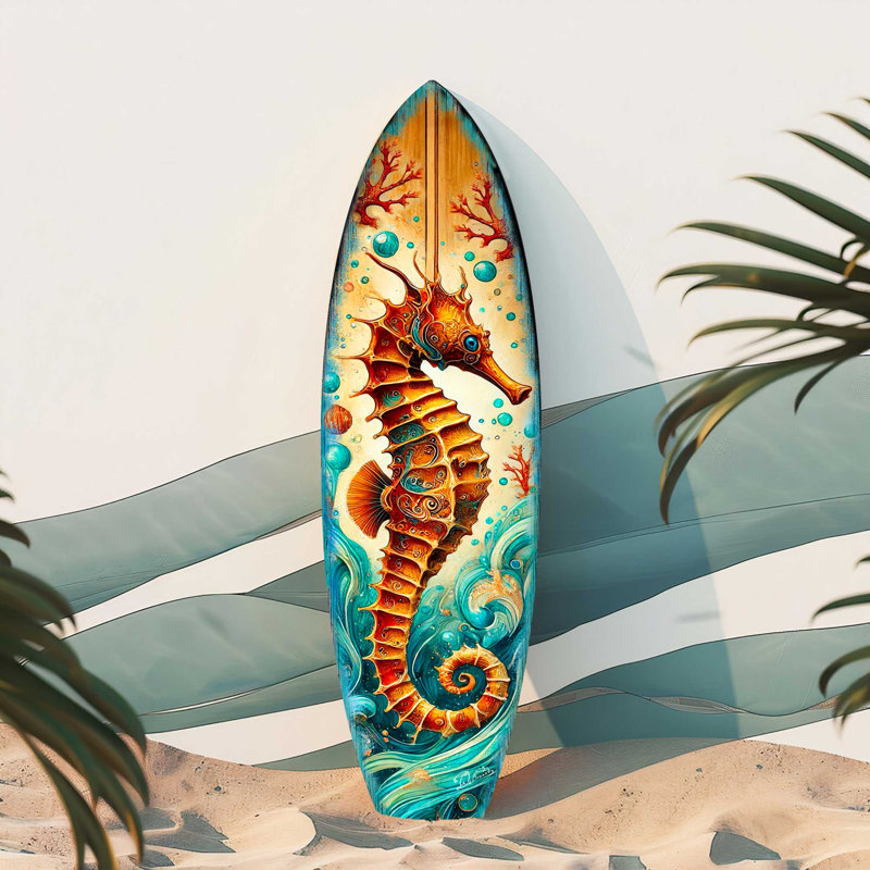 Art mural de planche de surf de bord de mer hippocampe - décor océan en bois fabriqué à la main par g. Debrekht - Accent intérieur et extérieur de maison de plage