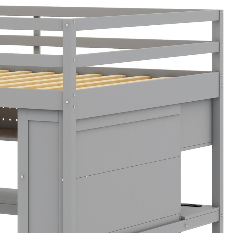 Structure de lit mezzanine peu encombrante avec garde-robe intégrée, bureau, tablettes et lumières, Gris