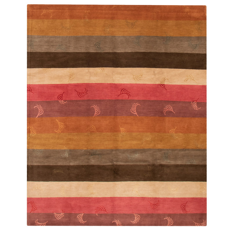 Tapis rayé rouge / jaune / gris en laine noué à la main 8 pi 1 po x 10 pi