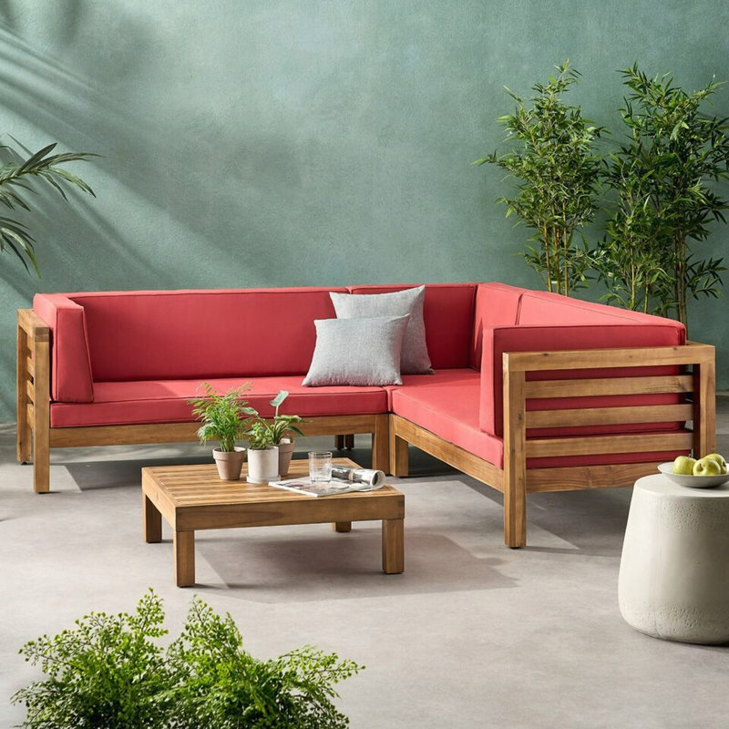 Ensemble modulaire d'extérieur en bois avec coussins, Rouge