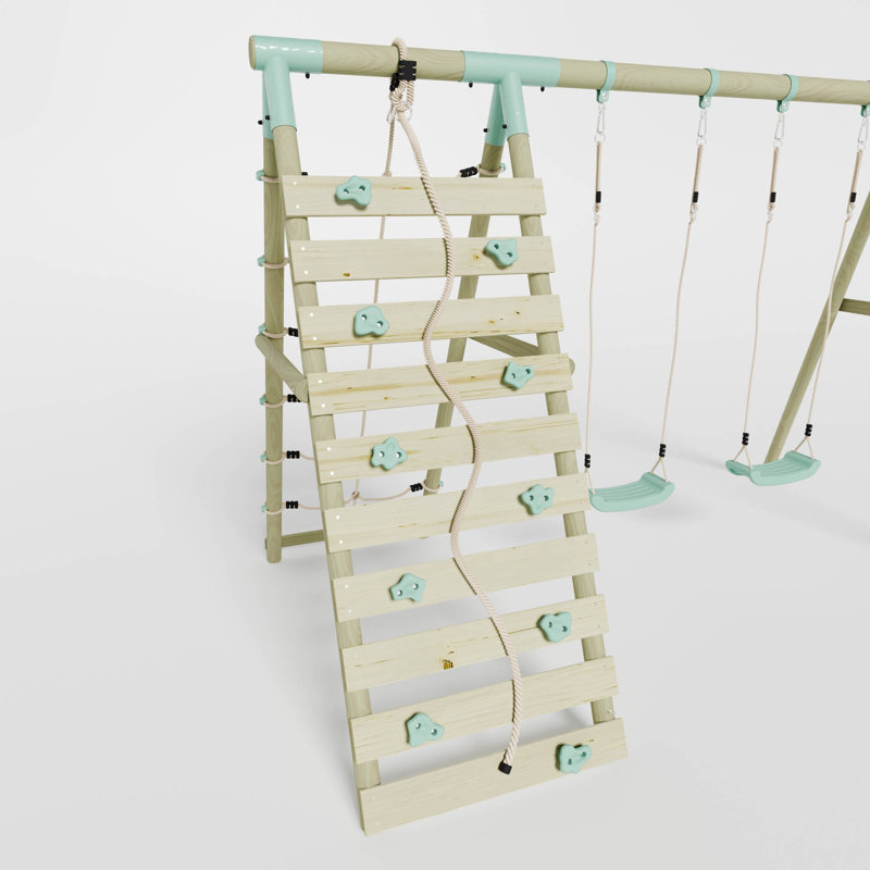 Mercia Wooden Round Pole Double Swing With Climbing Wall