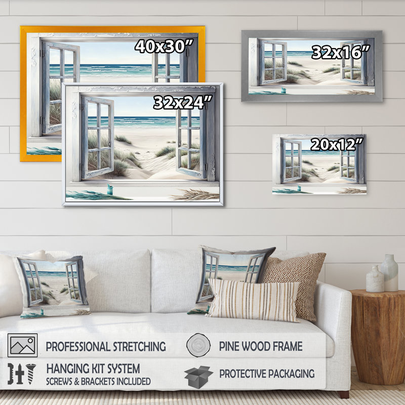 Fenêtre sur la plage III - art mural plage côtière, 30" H x 40" W, Cadre flottant noir