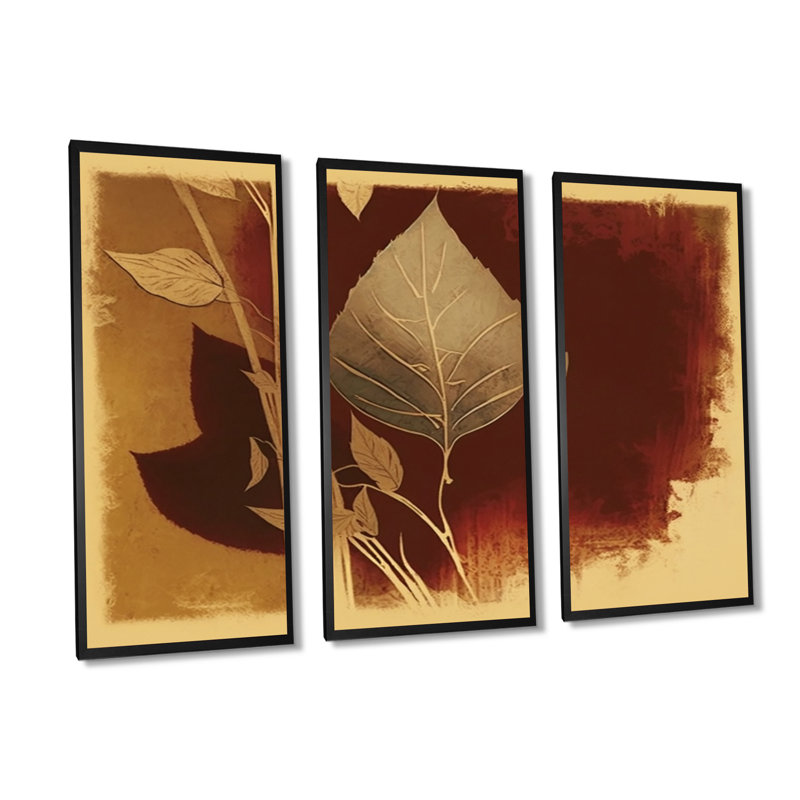 «Terra Cotta Chocolate Leaves VII», reproduction sur toile 3 pièces, H 28 po x l 36 po x P 1 po, Toile encadrée noire