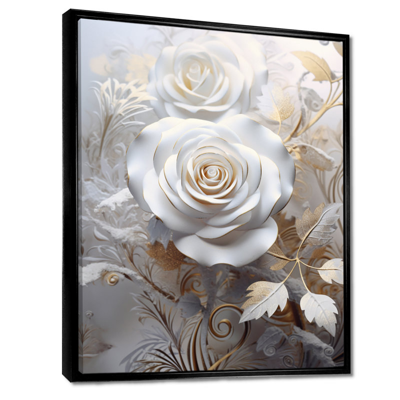 «White Rose Golden Golden Ethereal Leaves» - impression d'art mural rose, Toile avec cadre flottant noir