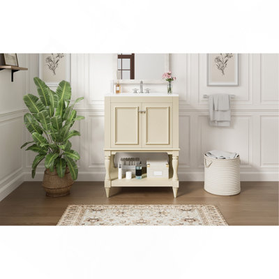 Meuble-lavabo de luxe moderne 24 po avec lavabo en céramique, armoire de salle de bain avec tablette ouverte et rangement fermé