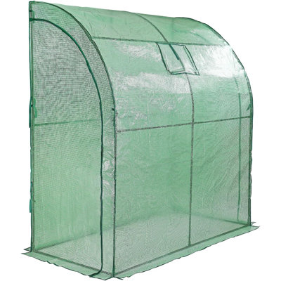 Walk-In Lean-To Wall Greenhouse - Heavy Duty Garden Plant Grow House With 2 Zippered Roll-Up Doors, Mesh Window & PE Cover - Outdoor Tunnel Growhouse With Steel Frame - L200 X W100 X H215cm