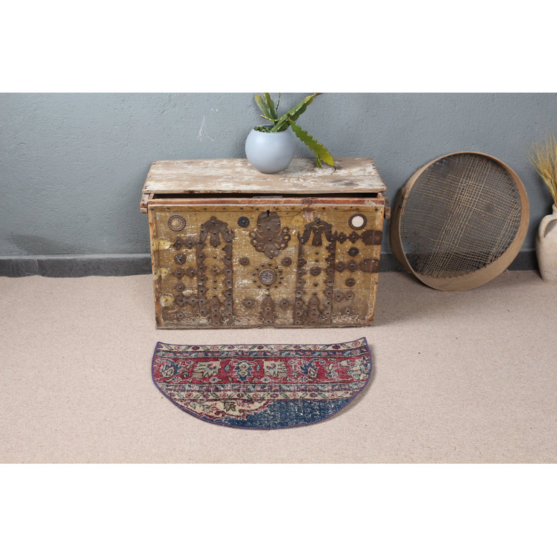 Red Round Wool Turkish Rug With Vintage Oushak Design Ideal as Door Mat or Gift For Him