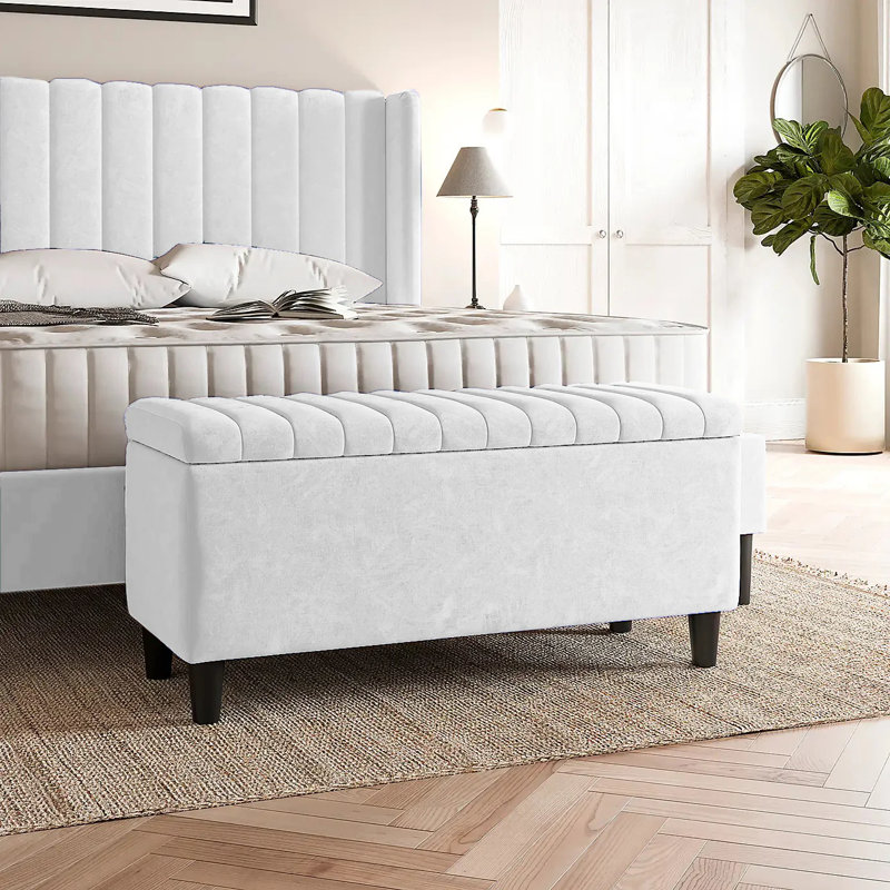 Naples Lined Upholstered Ottoman Storage Box with Wooden Legs, 40cm H x 180cm W x 40cm D, Beige Naple