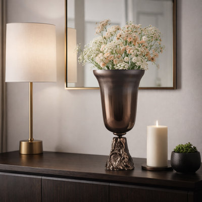 Vase décoratif en verre avec base piédestal pour décoration intérieure - Grand vase décoratif pour console ou salon - Bronze et cuivre