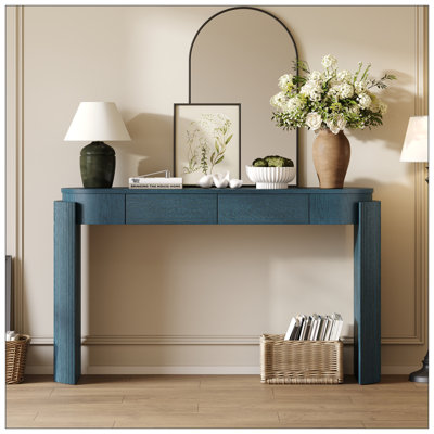 Navy Blue Fluted Entryway Table - 2 Drawer Oval Console for Living Room