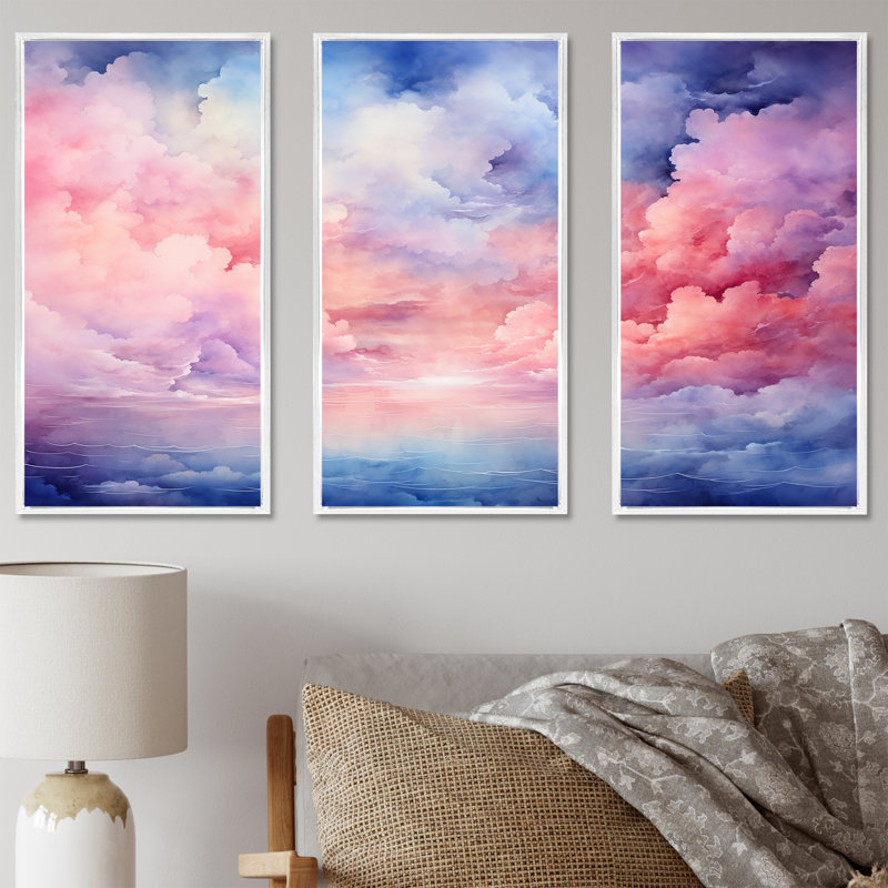 Rose et bleu pastel coloré ciel II - art mural ciel, H 28 po x l 36 po x P 1 po, Cadre flottant blanc