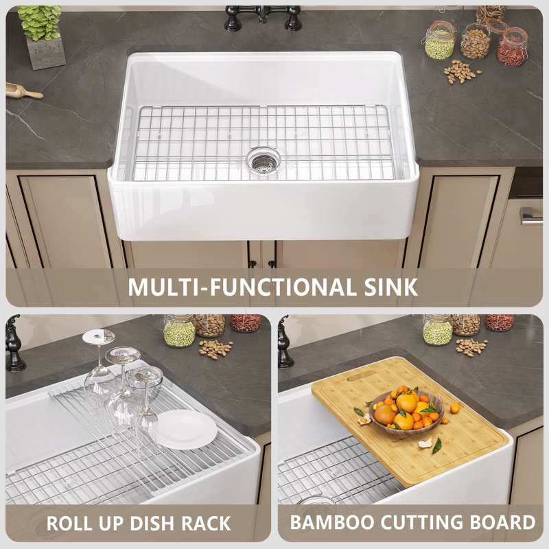 33" White Fireclay Farmhouse Apron-Front Kitchen Sink with Accessories