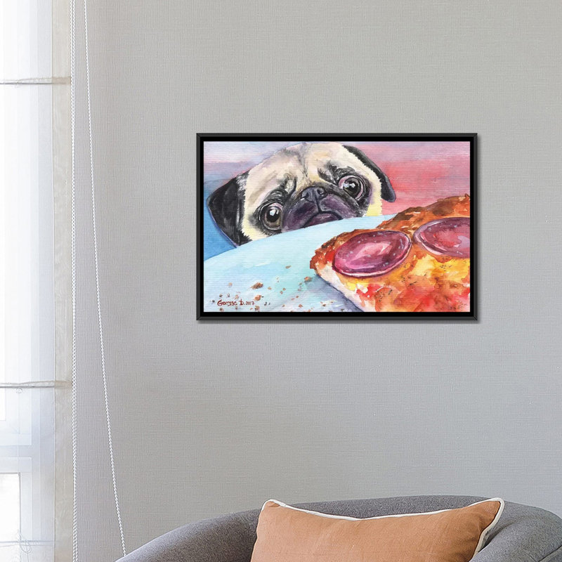 Carlin et pizza I, impression sur toile, H 18 po x l 26 po x P 1,5 po, Toile avec cadre noir, Pas de tapis
