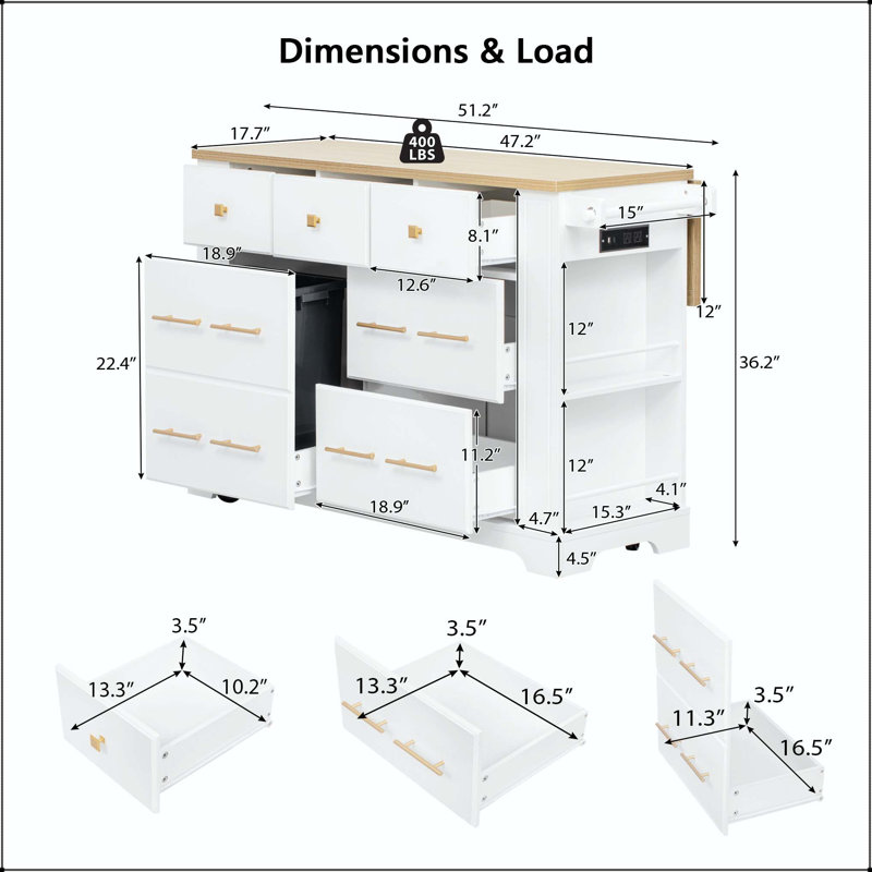 51.2" Kitchen Island with 6 Drawers and Pull-Out Trash Can Cabinet – White, White
