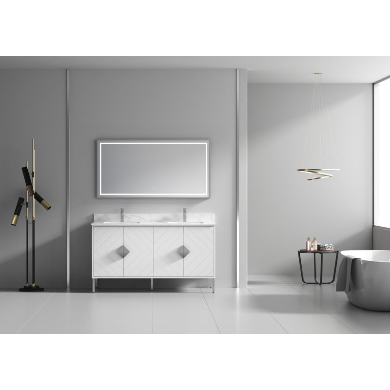 Tennant Brand 60 Inch Modern Freestanding White Eileen Bathroom Vanity, Double Sink, White Quartz Top, Fully Assembled