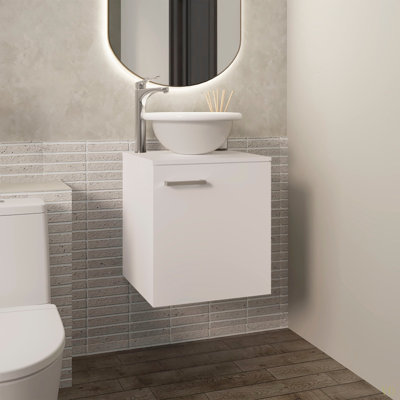 Floating, Wide One-Door Cabinet Vanity, With Wessel Sink And One Shelf, Bathroom Storage
