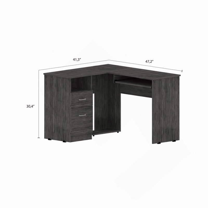 Bureau mixte en forme de L, plateau à clavier, deux tiroirs, tablette ouverte simple, Gris