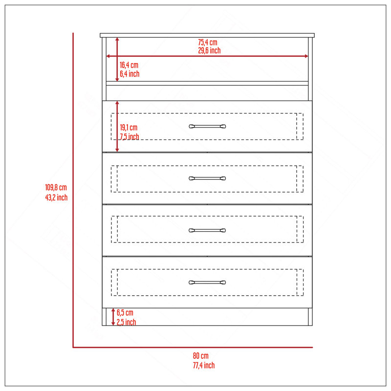 Commode Continental, plateau supérieur, quatre tiroirs, une tablette - blanc