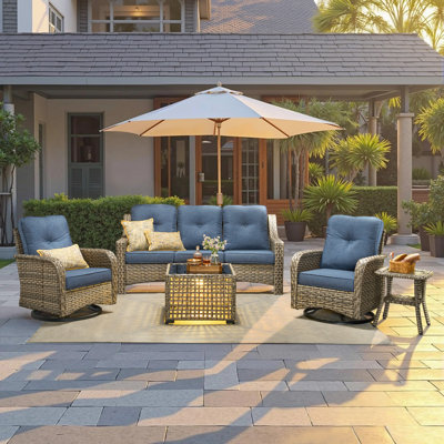5-Person Outdoor Seating Group With Cushions,Swivel Rockers,Led Coffee Table,All-Weather Wicker Patio Set