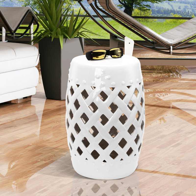 Table décorative de jardin en céramique de 13 po x 18 po, blanche, tissée, durable et attrayante avec table fonctionnelle de 13 po x 18 po