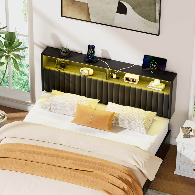 Berte Storage Upholstered Headboard With RGB LED Lights & Charging Station, Black Velvet, Queen