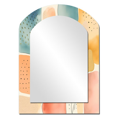 Orange amusant motif de formes II - grand miroir mural asymétrique géométrique, miroir arche moderne unique, art imprimé en métal