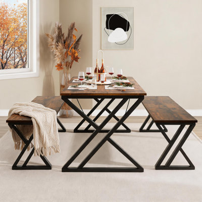 Kitchen Room Table Set with Benches, 44.8" Space-Saving Rectangular Dining Table Set for 4,Sturdy Metal Kitchen Table Set with X Metal Frame Space Saving, Ideal for Kitchen, Apartment, Studio