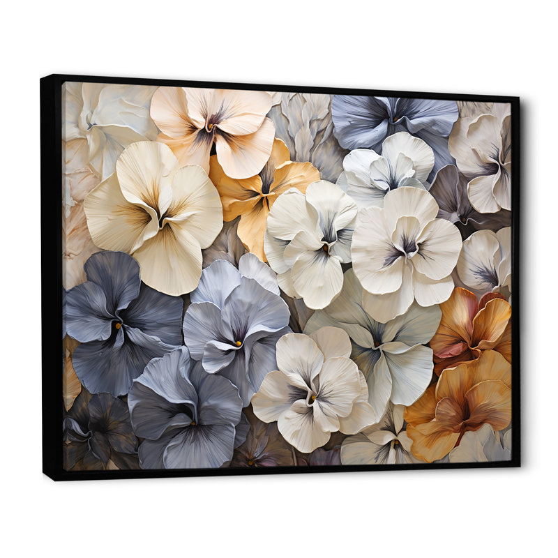 «Blue and Gold Minimalisme Pansy Delight I», reproduction sur toile, Cadre flottant noir, H 30 po x l 40 po x P 1,5 po