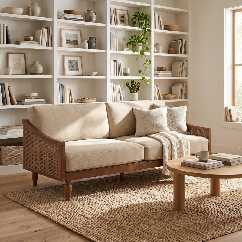 Elara Mid-Century Modern Rubberwood Loveseat Sofa with PE Rattan Armrests, Light Brown