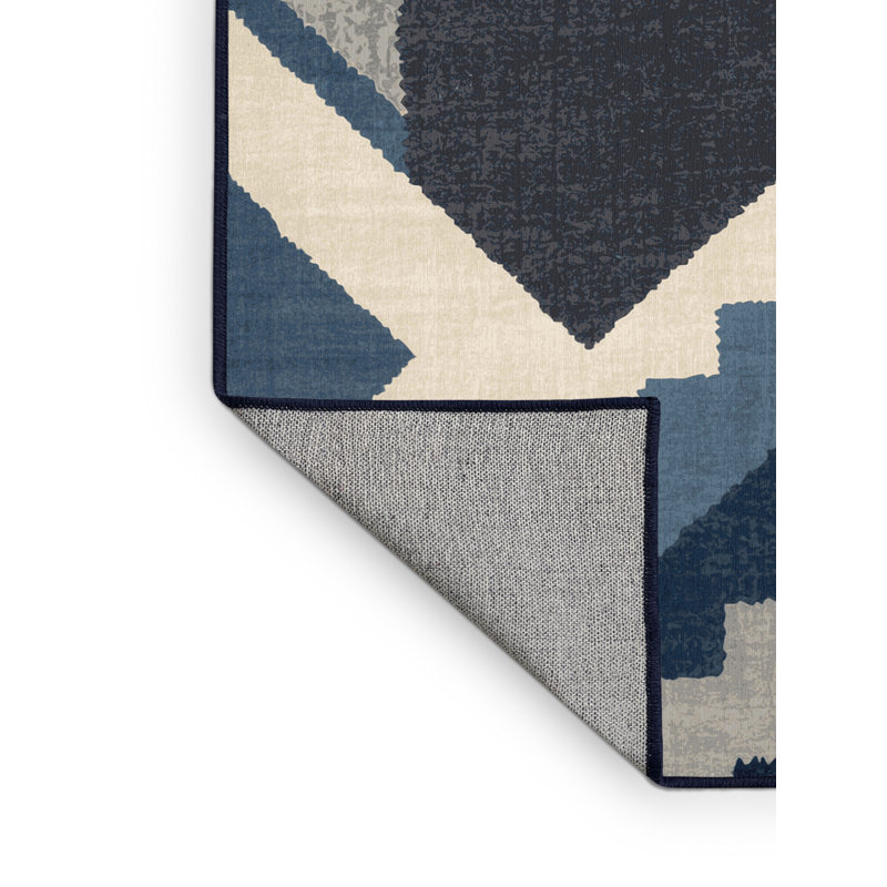 Machine Washable Paulett Global Inspired Block Print Rug in Beige – Navy Binding, 2x3