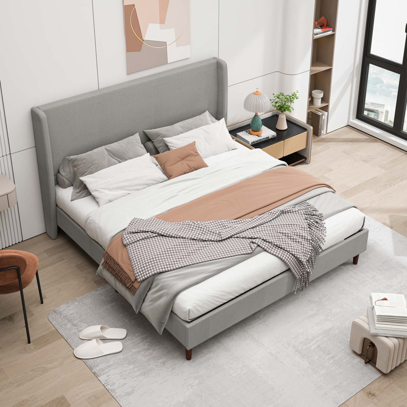Base de lit tapissier moderne, lit moelleux élégant avec 12 lattes et dossier haut, Très grand lit, Gris clair