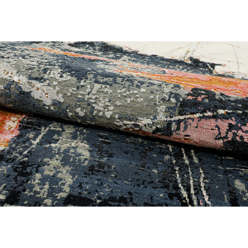 Hand Knotted Abstract Area Rug in Ivory/Black/Burned Orange, Rectangle 9' x 12'