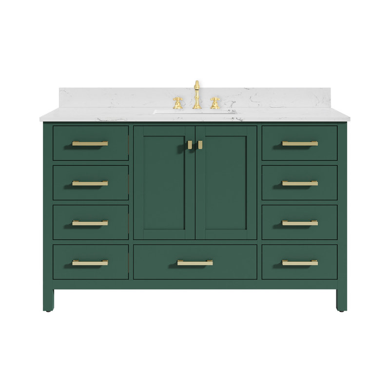 Meuble-lavabo de 54 po en bois massif vert avec lavabo intégré et armoire de rangement