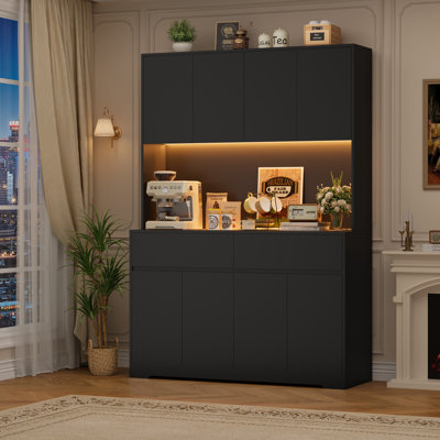 Garde-manger à 8 portes H 71 po x l 47,2 po Aybike avec lumières à DEL RVB réglables et station de charge, garde-manger moderne avec tablettes réglables et portes à fermeture en douceur