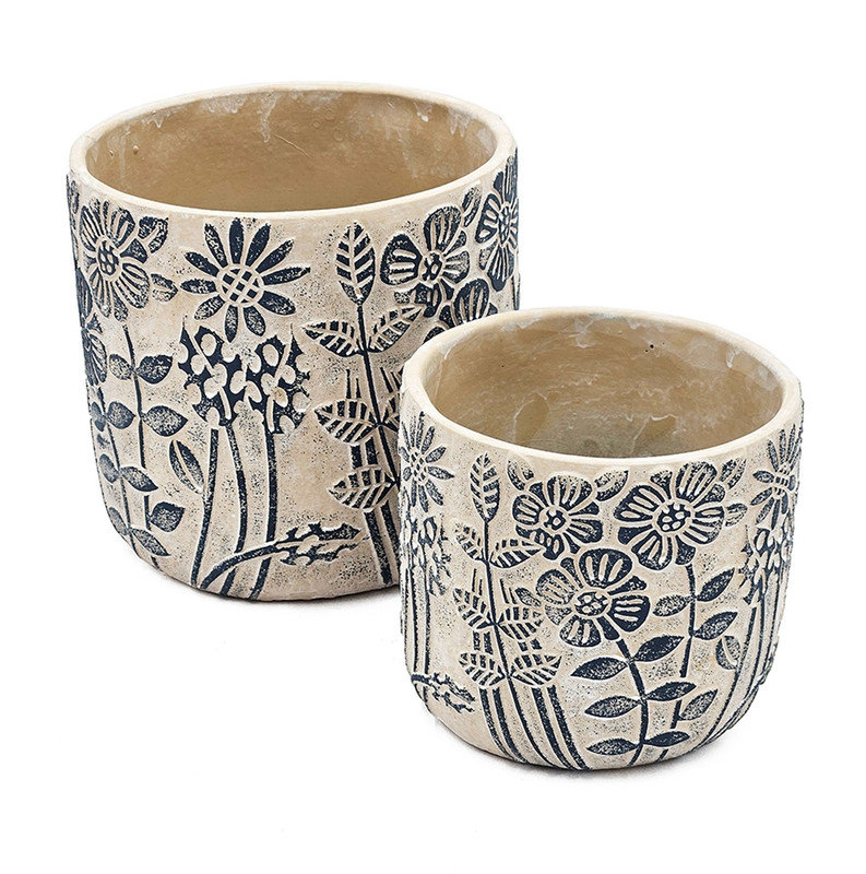 Jardinière S / 2 sable et ciment gris à motif floral bleu