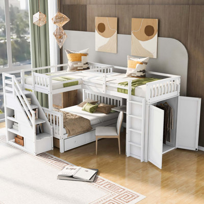 Lit superposé en L avec tiroirs de rangement intégrés, bureau portable et garde-robe