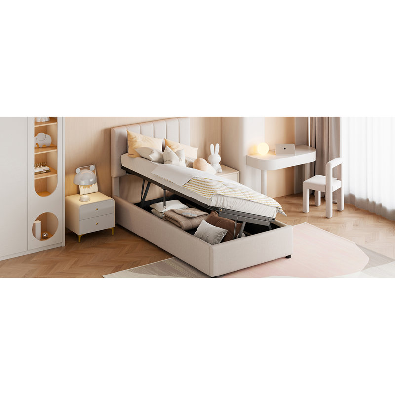 Lit de rangement hydraulique simple avec touche moderne rembourrée et structure beige