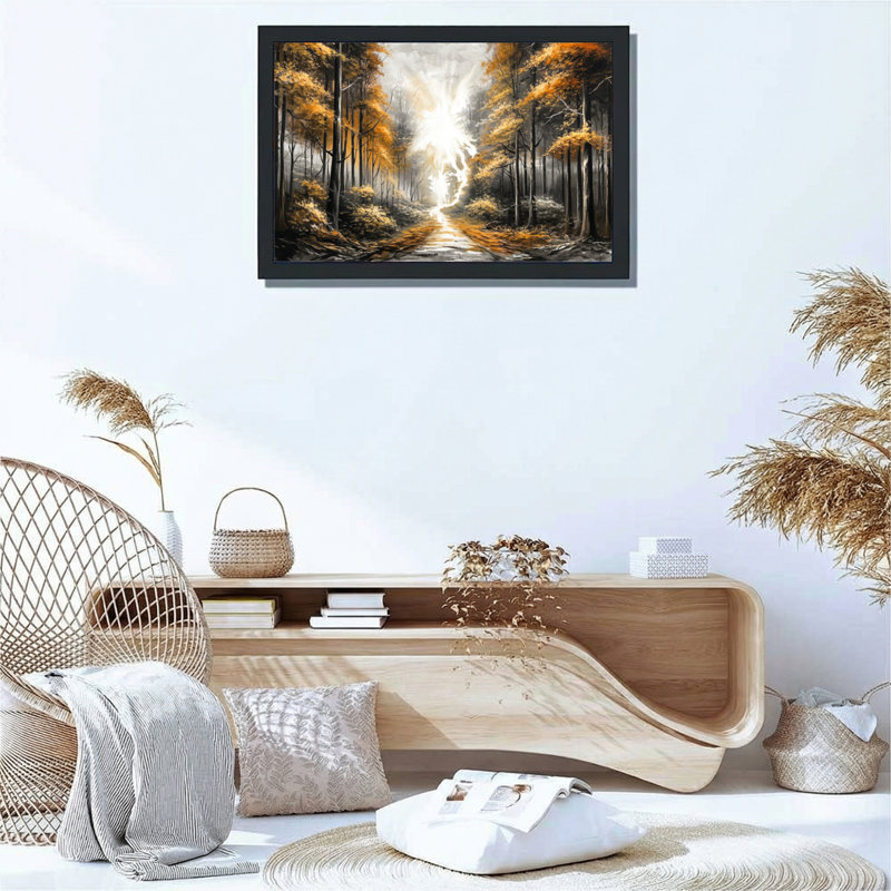 Chemin forestier d'automne avec arbres dorés et soleil - Ensemble de 1 tableau sur toile tendue, H 20 po x l 30 po