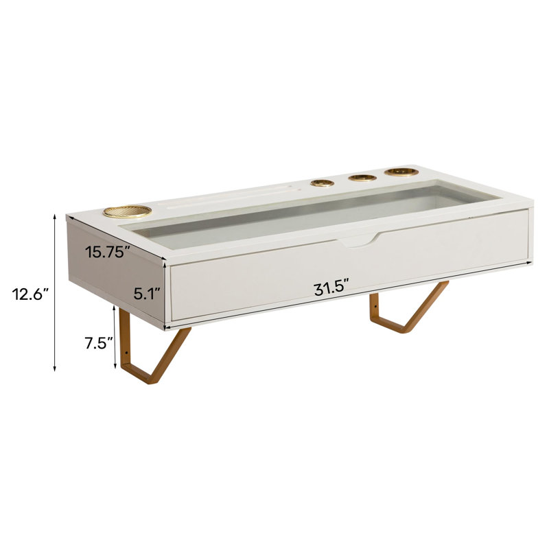 Floating Shelf With Drawer,Floating Drawer For Bathroom, White Wall Mounted Desk,Pull Out Drawer, 31 Inch Surface, Floating Wall Desk, Hanging Desk, White