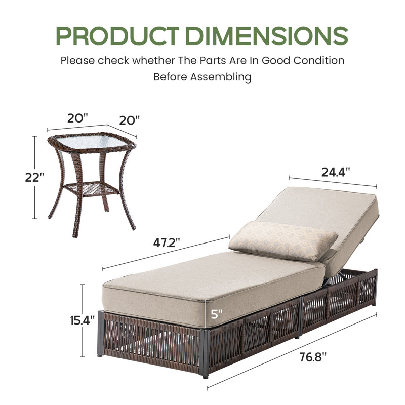 Laguna Patio Chaise Lounge Chair, Luxury Recliner With 6-Position Backrest & 5-Inch Cushions Set Of 4 With 2 Side Tables
