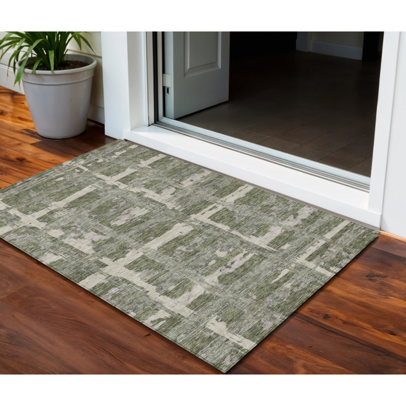 Tapis lavable intérieur / extérieur rayé olive, vert, gris et beige, Rectangulaire 3 pi x 5 pi