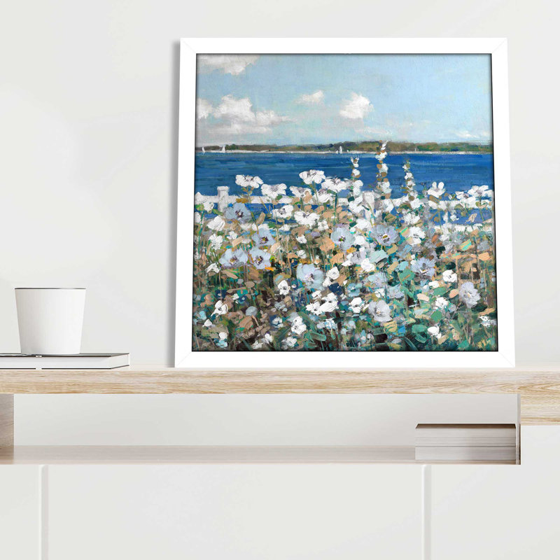 «Bayside Garden» par Sally Swatland - Peinture, L 25,5 po x H 25,5 po, Cadre blanc