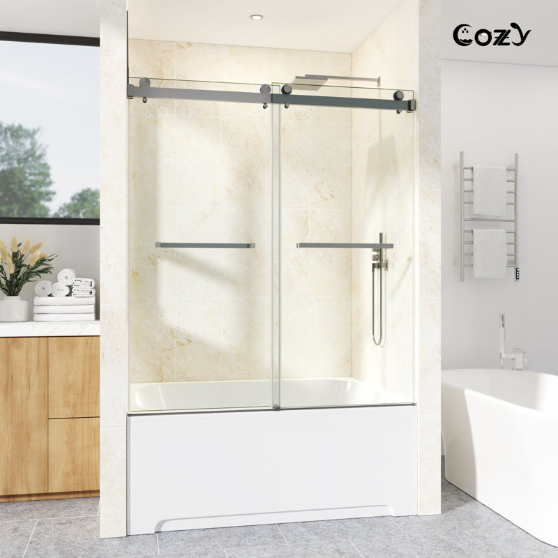 62-67" W X 60" H Frameless Double Sliding Tub Door, Brush Nickel