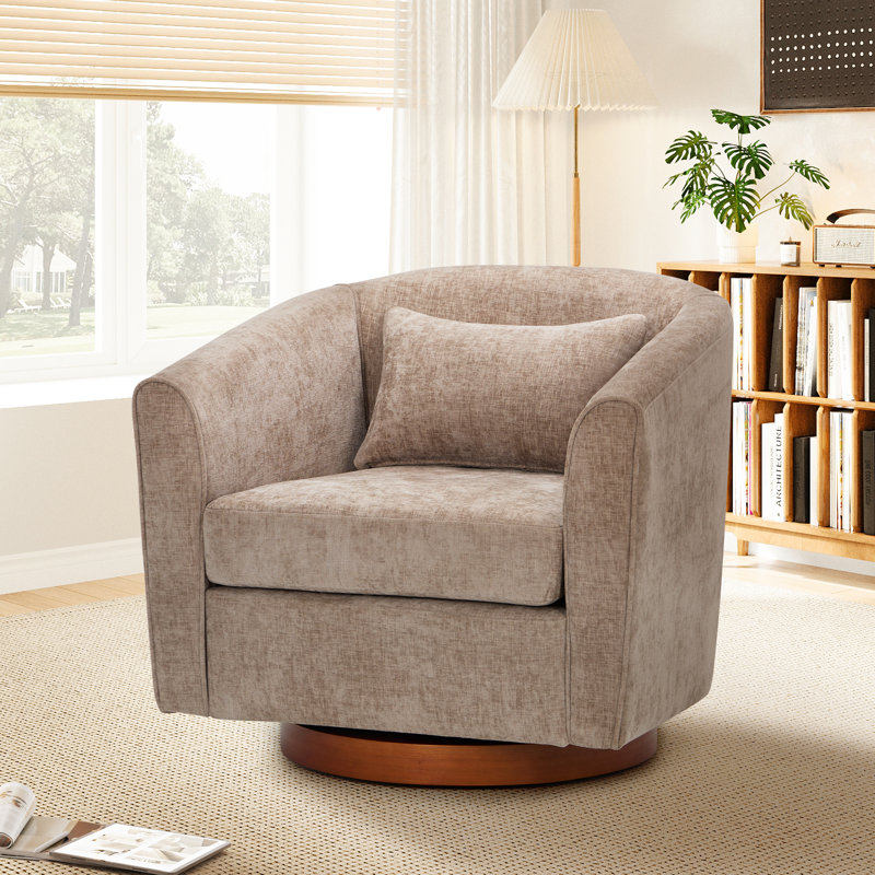 Fauteuil demi-tonneau pivotant avec base en bois massif et coussin décoratif, Mélange de polyester brun clair