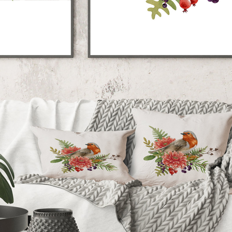Coussin Robin avec fleurs - imprimé traditionnel, 16 po x 16 po