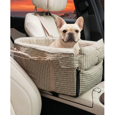 Anti-collapse center console seat for small dogs and cats under 15 pounds; features soft cushion and integrated safety belt; portable armrest design; grid brown finish.